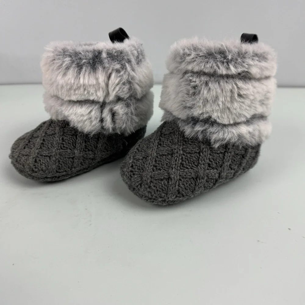 Stepping Stones Infant Baby Faux Fur Cable Knit Booties Shoes Size 3-6M Gray New